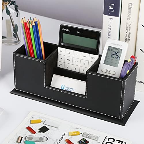 KINGFOM™ Double Holder Leather Multi-Function Desk Stationery Organizer Pen Pencil Holder Black