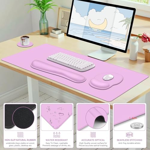 4 PCS Mouse Pad Desk Mat Protector, Keyboard Wrist Rest + Comfortable Mouse Pad with Wrist Rest +Coaster, Large Gaming Mousepad for Computer Laptop, 35.4" X 15.7" XXL Deskpad for Office Home I Lilac