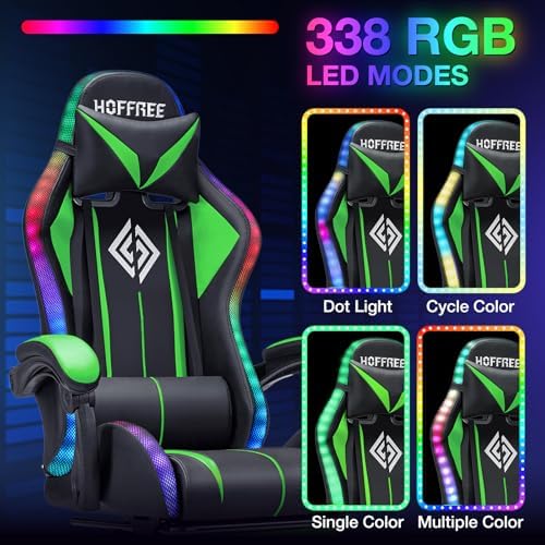 RGB Gaming Chair with Bluetooth Speakers LED Lights Computer Chair-Green