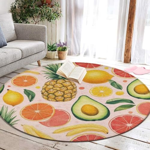 Highly Premium Quality Floor Mat, Office Chair Decor Mat, Room Sofa Yoga Soft Round Carpet Avocado Nut Banana Pineapple Orange, 24inch