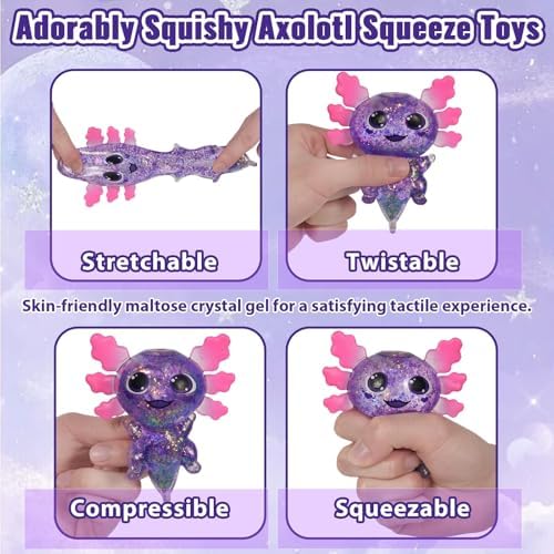 Axolotl Squishy Toy, Cute Slow Rising Fidget Toy for Stress Relief, Soft Squeeze Sensory Toy for Kids and Adults, Handheld Stress Ball for Anxiety and Focus Big Ears Axolotl(Purple)