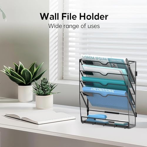 5-Tier Wall File Organizer and Mail Organizer with 5 Hooks, Black