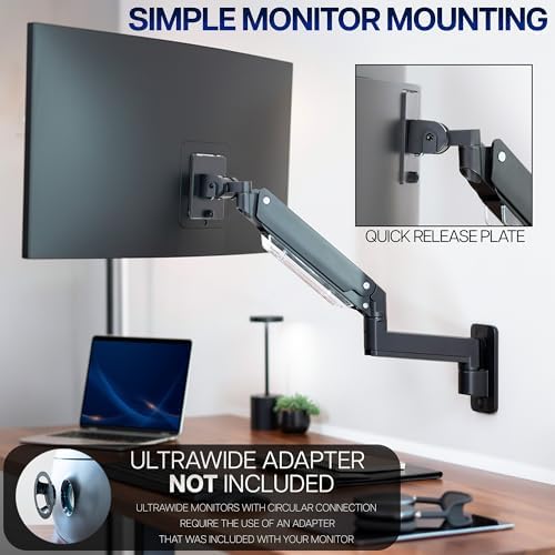 VIVO Premium Aluminum Heavy Duty Monitor Arm for Ultrawide Screens up to 49 inches and 44 lbs, Single Wall Mount, Pneumatic Height, Max VESA 100x100, Black, MOUNT-V101G1