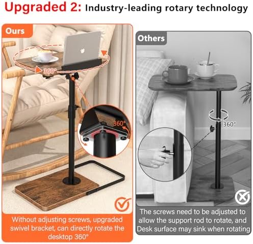 TV Tray Table for Couch, Height Adjustable/360° Swivel/180° Flip-Over Panel Design C-Shaped End Table, Sofa Arm End Side Table with Phone & Tablet Slot for Eating, Laptop,Couch Bed (Vintage Brown)