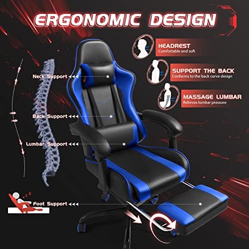 Shahoo Gaming Chair with Footrest and Massage Lumbar Support, Ergonomic Computer Chairs 360°Swivel and Height Adjustable Seat with Headrest for Office or Bedroom, Study Room, Blue