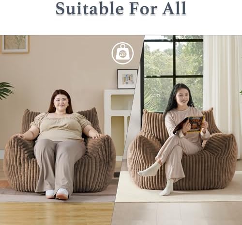 Giant Plush Bean Bag Chair for Adults with Armrests - Oversized Comfy Khaki Beanbag Lounge Lazy Floor Sofa Chair for Living Room, Bedroom & Dorm, Cozy Fluffy Single Cloud Mini Couch