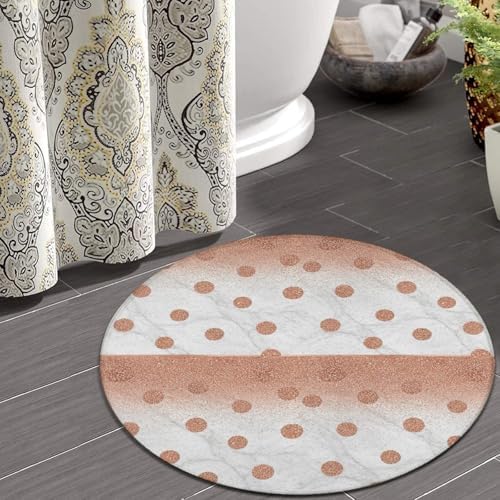 Soft Round Yoga Carpet, Large Home Decor Mat, Non Slip Machine Washable Kitchen Office Circle Rug Modern Rose Gold Pink Glitter Dots White Marble, 36inch