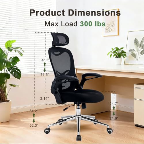 Office Chair, Ergonomic Breathable Mesh Chair,Flip-Up Arms and Adjustable High Back Lumbar Support,Comfy Computer Chair for Home Office (Black/Black, 407)