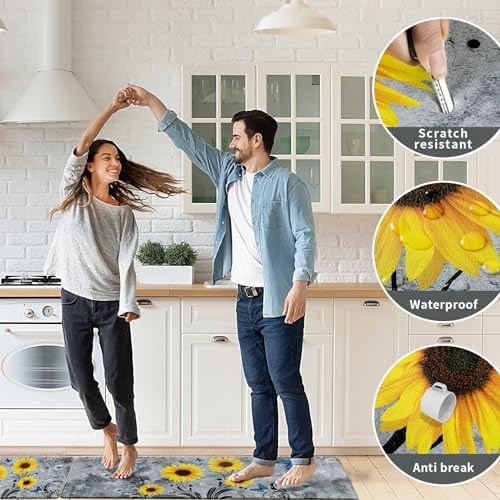 Likiyol Sunflower Kitchen Rugs Sets of 3 Kitchen Mats for Floor Anti Fatigue Mats for Kitchen Floor, Spring Floral Flower Non Slip Washable Standing Floor Mats, 18''x30''+18''x48''+18''x60''(Gray)