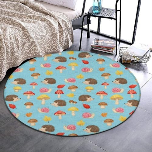 Machine Washable Modern Round Area Rug, Room Sofa Yoga Soft Round Carpet, Home Decor Non Slip Kitchen Office Circle Rug Mushrooms Hedgehogs Snail