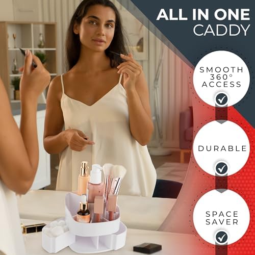 Masirs Small 360 Rotating Makeup Organizer, 5 Compartments, Square White