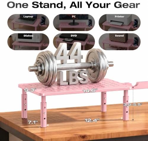 Computer Monitor Stand Riser for Desk, 3 Height Adjustable PC Laptop TV Desktop Monitor Stand Shelf, Metal Printer Table with Phone Holder, Stand Riser for Desk, Office Desk Organizers and Accessories, Pink 2 Pack