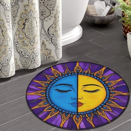 Home Decor Non Slip Kitchen Office Circle Rug, Machine Washable Modern Round Area Rug, Room Sofa Yoga Soft Round Carpet Hippie Sun Moon Art, 24inch