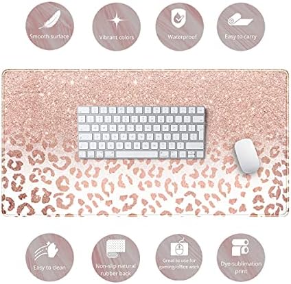 Desk Mat XXL Mouse pad, Pink Rose Gold Leopard Print Office Supplies and Accessories Decor for Women 31.5X15.75in,Stitched Edges Smooth Non-Slip Bottom, Large pad