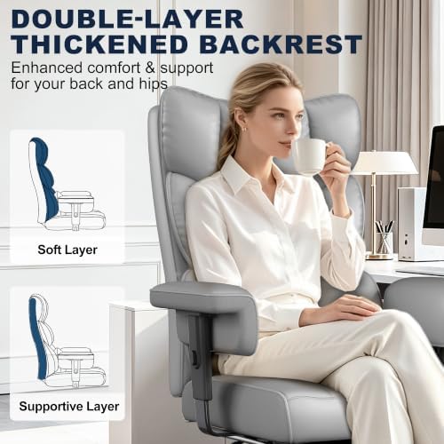 Misolant Big and Tall Office Chair with Footrest, High Back Executive Desk Chair with Adjustable Lift Armrest, 155°Recline，Lumbar Support Pillow, Faux Leather Gaming Chairs for Home or Office Gray