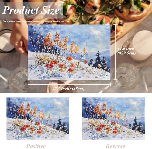 Shrahala Winter Flowers Landscape Set Of 4 12 X 18 Inch Linen Placemats , Red Orange Watercolor Poppies Burlap Table Mat Washable Double Layered Heat Insulation For Indoor/Outdoor