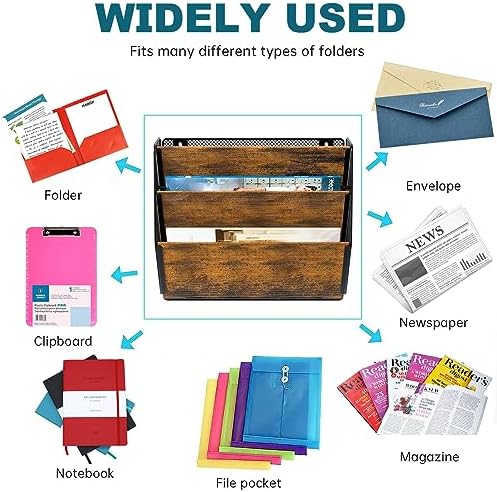 PAG-Mass Wall File Organizer for Office, 3-Tier Rustic Hanging File Holder Wall Storage Rack for Documents/Magazine/Literature/File Folders/Mails/Envelopes, Brown