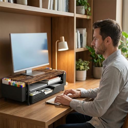 LEKETREE Wood Desk Organizer, 2-Tier Computer Monitor Stand Riser with Storage Drawer and 2 Pen Holders, Laptop & Printer Stand, Shelf for Top of Desk (Rustic Brown)
