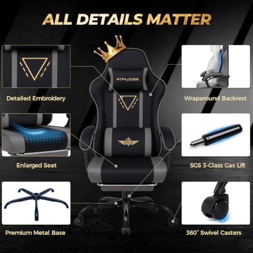 GTPLAYER Video Gaming Chair Fabric, Ergonomic Computer Chair with Footrest and Pocket Spring Cushion, Height Adjustable Video Gamer Chair with Lumbar Support for Adults, Gray