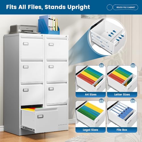 PEUKC 4-Drawer File Cabinet, 16.3" Deep Vertical Filing Cabinet with Lock, Metal File Cabinet for Home Office Furniture, Anti-Tip 4 Storage Drawers for Letter/Legal/F4 Size (Assemble Required, White)