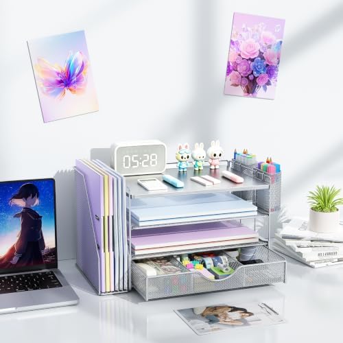 gianotter Desk Organizers and Accessories with File Holder, 4-Tier Desk Accessories & Workspace Organizers with Drawer and 2 Pen Holder, Desk Reference Organizer (Grey, 4T with Metal Drawer)