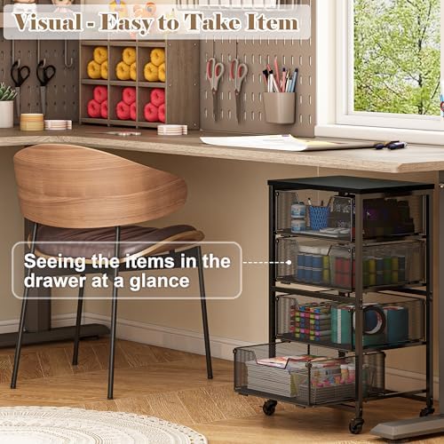 Rolling Cart with Drawers, 4-Drawer Storage Cart on Wheels with Wooden Top, Metal Utility Cart with Storage Drawers, Craft Storage Art Cart for Classroom, Office, Kitchen, Bedroom,Patent Pending