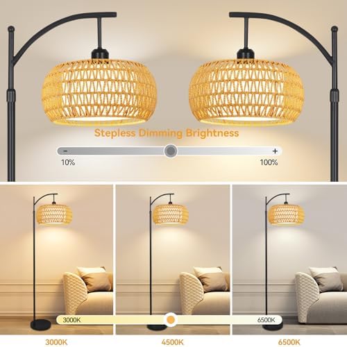 Arc Floor Lamps for Living Room Rattan Boho Floor Lamp with Remote Control,Dimmable LED Floor Lamp Wicker Lamp Shades Black Standing Lamp with 3 Color Temperature Tall Floor Lamps For Bedroom Corner