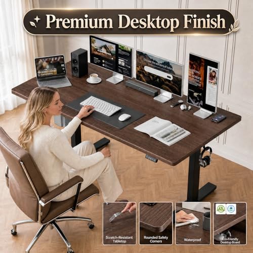 Grandder 47x32 Large Electric Standing Desk, Height Adjustable Computer Desk with 2 Memory Presets, 31.5" Deep Desktop Sit Stand Desk Home Office Desk Workstation Table with Hooks, Walnut