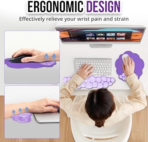 Keyboard Wrist Rest Set — Ergonomic Cloud Wrist Rest Keyboard and Mouse Pad, Non-Slip Desk Accessories for Office and Home（Purple）