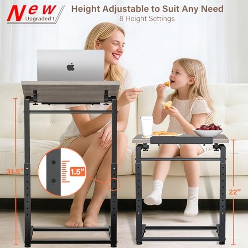 Tv Tray Table, 8-Level Adjustable Height Couch Side Table，90° Tilt Angle Adjustments C-Shaped End Table, with Phone & Tablet Slot Computer Desk for Sofa, Bed, Chair, Living Room（Lvory Gray）