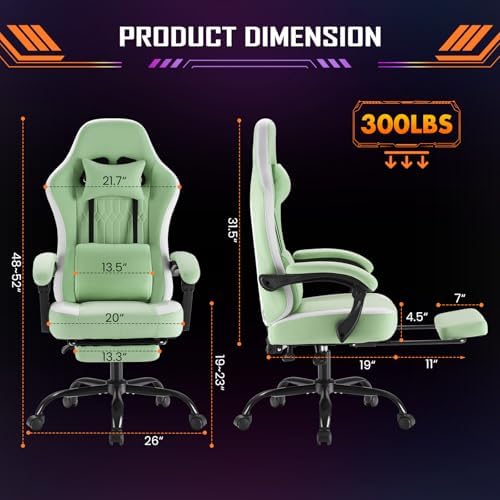 NEWBULIG Gaming Desk Chair - High Back Computer Office Chair with Footrest and Headrest, Comfy Ergonomic Lumbar Support with Linkage Armrests, Height Adjustable and 360° Swivel Wheels, Green