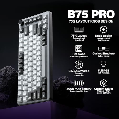 YUNZII B75 PRO 75% Wireless Mechanical Keyboard (Dark Grey,Milk Switch)