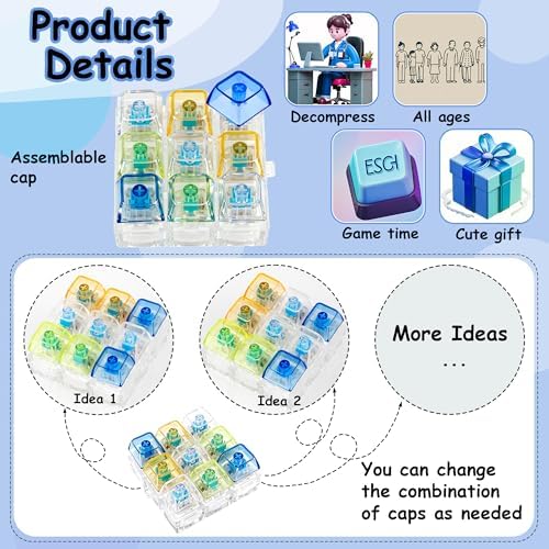 Keyboard Fidget Toy, Keyboard Fidget Keychain 9-in-1 Keyboard Decompression Button Finger Clicker Toys Stress Relief Fidget Gifts (Transparent- Blue Clear)