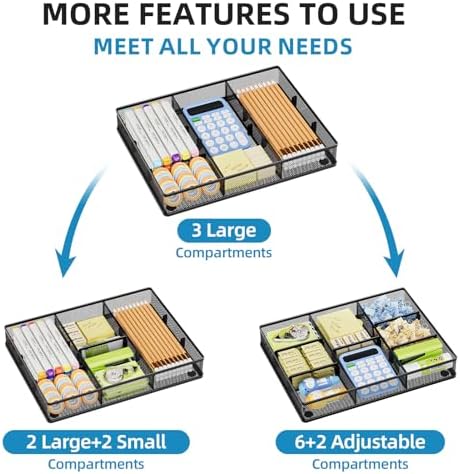 Marbrasse Desk Drawer Organizer, Metal Mesh Drawer Organizer Tray with 5 Adjustable Compartments,Desk Organizers and Accessories for Home,Office,Kitchen,Makeup,Vanity (Black,2Pack)
