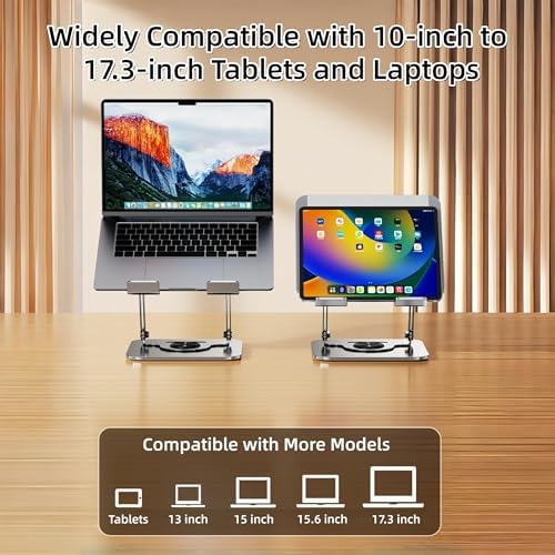 Laptop Stand for Desk, Adjustable Metal Foldable Laptop Riser with 360° Rotation & Football Vent Pattern, Ergonomic Computer Notebook Holder for MacBook Air Pro, Dell XPS, HP 10-17.3", Silver