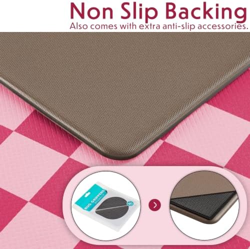 Ohocut Pink Coral Checkered Kitchen Mats for Floor Set of 2, 2 Pcs Cushioned Non Slip Runner Rugs for Kitchen/Sink/Laundry, Comfort Aesthetic Cute Anti-Fatigue Foam Floor Mat 17.3"x29.5"+17.3"x47.2"