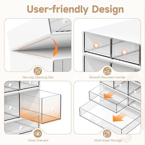 Desk Organizer with 9 Drawers, 4 Tiers Stackable Storage Drawers, Desktop Storage Box with Clear Drawers for Stationery, Makeup, Jewelry, Office and Craft Supplies (White)