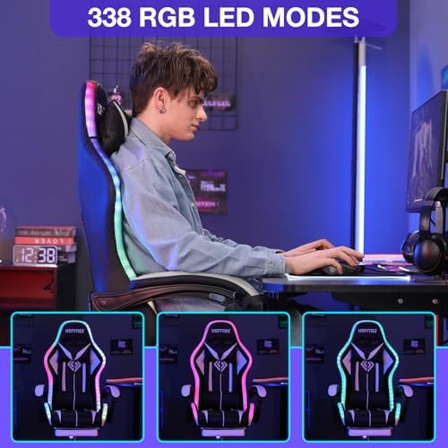 RGB Gaming Chair with LED Lights Massage Ergonomic Computer Chair-White
