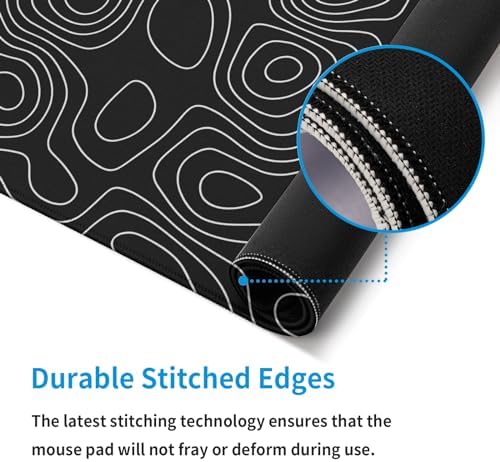 Black Topography Contour Gaming Mouse Pad Large Anime Topographic Map Mousepad Extended Mouse Pad Gaming Big Desk Pad Keyboard Pad with Stitched Edge Non-Slip Rubber Base
