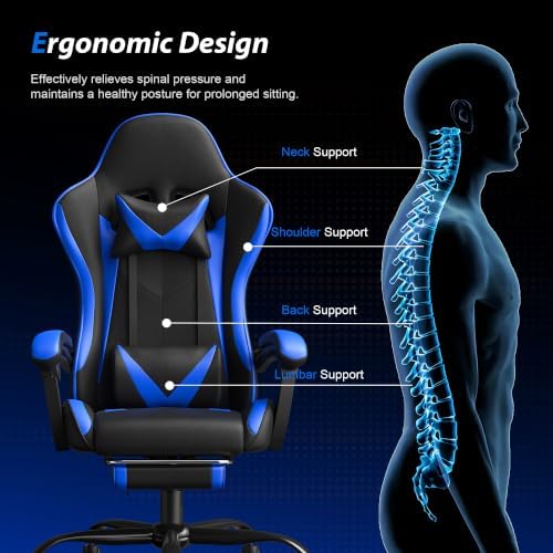 Gaming Chair, Ergonomic Computer Chair with Footrest Lumbar Support, Blue