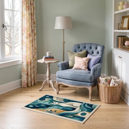 2'x3' Teal Blue Cat Boho Abstract Design Ultra-Soft Accent Mat