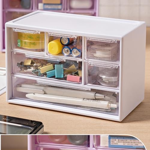 Small Drawer Organizer for Desk, 7.1" x 3. 8" x 4.6" Mini Desktop Drawer Organizer with 6 Clear Drawers, Plastic Desktop Craft Storage Box for Desk Office School Home (White)