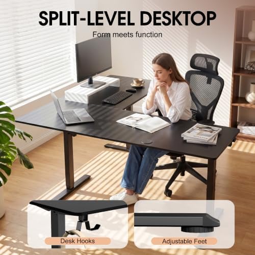Furmax 63 x 48 Inch L Shaped Standing Desk with 2 Preset Heights, Electric Height Adjustable Computer Table, 2 Hooks & Feet Balance, Corner Sit Stand Desk for Home Office (Black, 63 x 48 Inch)