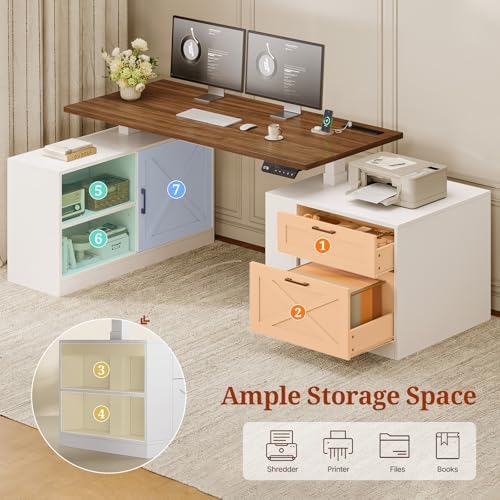 UPOSOJA 71" Farmhouse L Shaped Standing Desk, Electric Height Adjustable Corner Desk with Storage Cabinet & File Drawers, Wood Stand up Computer Desks with Power Outlets for Home Office