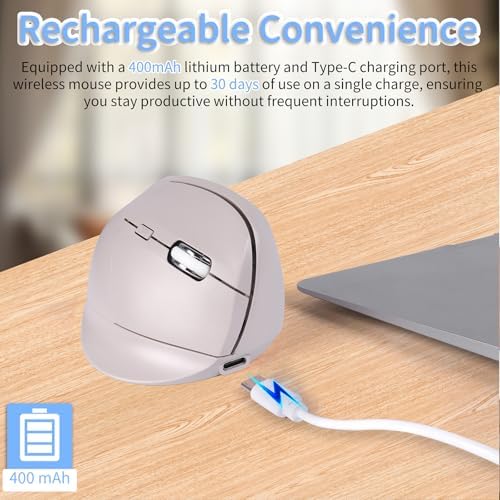 Bluetooth Wireless Vertical Mouse - Ergonomic Design, Rechargeable with Type-C, Silent Operation for Office and Home Use, Ideal for Professionals & Students (Gray)