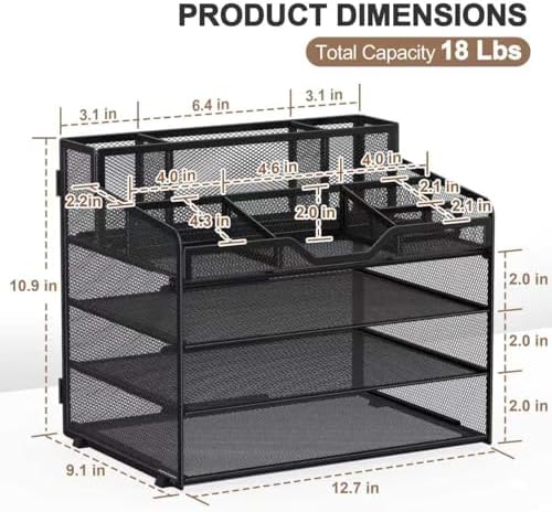 Docnest 4 Tier Mesh Desk Organizer with Letter Tray & Paper Sorter, Black