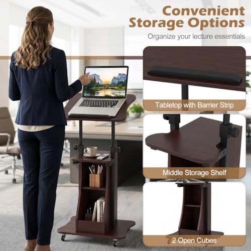 Tangkula Mobile Lectern Podium, Height Adjustable Podium Stand, Sit-to-Stand Desk with Tilting Tabletop & Storage Shelves, Rolling Laptop Cart Desk with Lockable Casters for Home Office School (Brown)