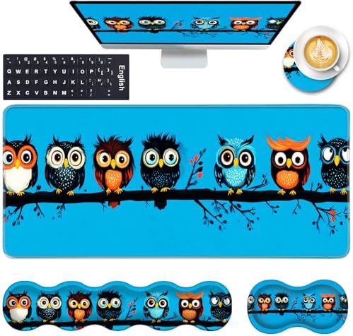 Keyboard Wrist Rest and Mouse Pad with Wrist Support Set Ergonomic Coaster,Memory Foam,Easy Typing Pain Relief,Large XL Desk Mat 31.5"x 11.8",Cute Owls on a Branch