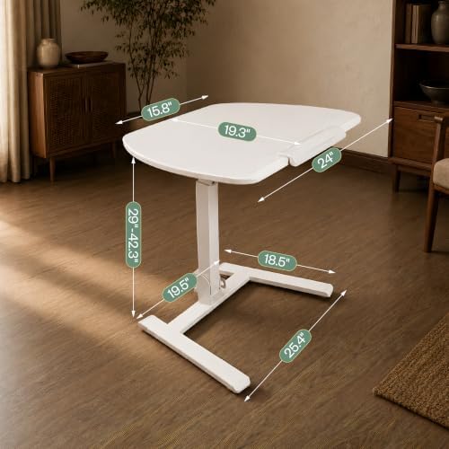 25" Folding Standing Desk with Wheels, Laptop No Assembly Pneumatic Height Adjustable Portable Rolling Desk, 29"-42" Sit Stand Desk with 0-90° Tilt Top, Computer Workstation for Home Office (White)