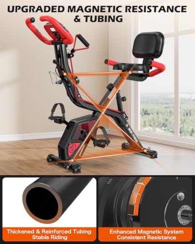 pooboo Folding Magnetic X‑Bike, Upright Exercise Bike for Home Gym